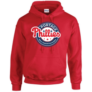 Red G185 Gildan Heavy Blend 8 oz. 50-50 Hooded Sweatshirt with Portage Phillies logo